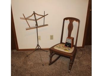 Metal Music Stand, Seth Thomas Electronic Metronome, Small Vintage Rocker With Embroidered Seat /mod