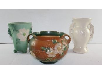 Three Collectables – White Vase McCoy 9 In Tall, Flowerpot Roseville  8 In Tall, Green Weller Vase 8'