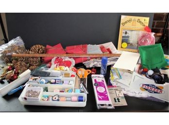 Sewing Lot- Material Scraps, Sewing Notions, Scissors, Dritz Roll Yard Stick, Craft Misc.