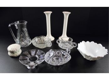 Miscellaneous Crystal Dishes, Pitcher And White Candle Holders, Bowl And Container Bowling Container