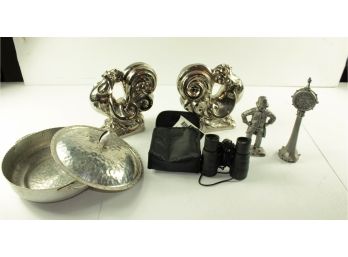 Pewter Policeman And Clock Tower, 2  Silver Colored Ceramic Roosters, Hammered 10 Serving Dish With Set Of Bi