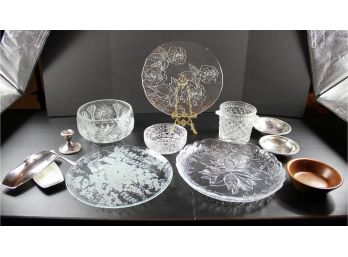 Glassware - 3 Serving Trays,  2 Crystal Bowls, Crystal Ice Bucket, 3  Silver Bowls, Silver Candlestick,