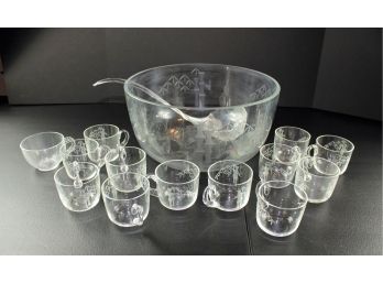 Punch Bowl With Ladle And 12 Glasses