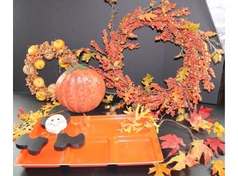 Halloween Lot, 2 Wreaths, Pumpkin Candle Holder, Witch For A Pumpkin, Serving Tray