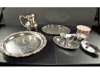 Silver Serving Dishes, Pitcher, Platters, Gravy Boat Etc