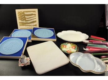 3 Commemorative Bicentennial Plates, Serving Platters, Solid Surface Cutting Board, Misc  Candles