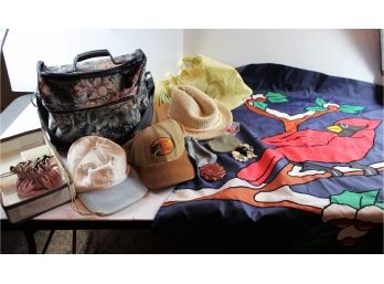 Misc Lot – Travel Bag, Drawer Divider, Jewelry Bag, 2 Leather Old Coin Purses, 5 Hats, Lg Cardinal Flag