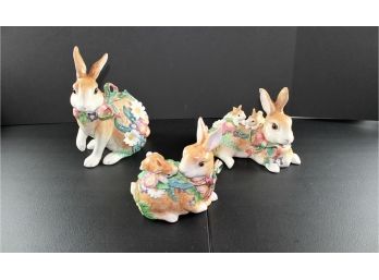 Set Of 3 Fitz & Floyd Rabbits — 2 Are Woodland Spring Rabbits 1 Has A Lid, Made In Sri Lanka