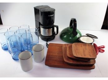 8 Blue Glasses, Cuisinart 4 Cup Coffee Maker, Teapot, Siamese Teak Wood Cutting Board, 3  Wooden Boards