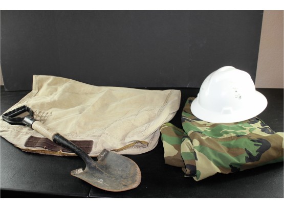 Duffle Type Bag, Shovel, Helmet , Cold Weather Camo Pants, Waist 31-35