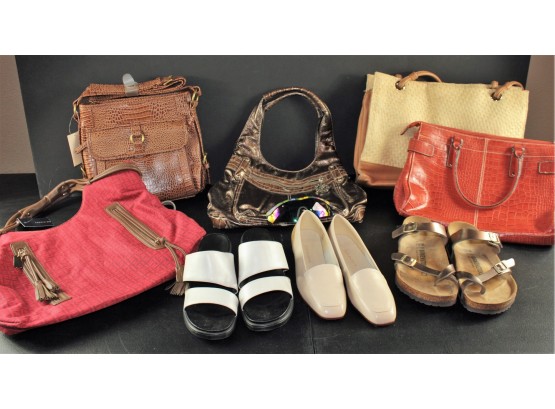 5 Purses, 3 Pair Shoes In Tote