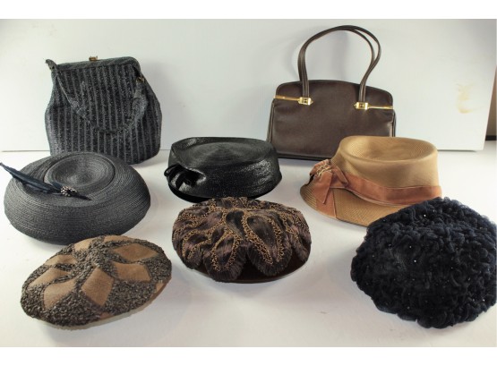 6 Vintage Hats, 5 Are Frank M Benson Originals, Two Handbags