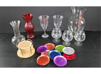 Assorted Glassware, Two Sets Coasters, 1 Set Metal, Vases