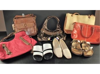 5 Purses, 3 Pair Shoes In Tote
