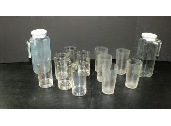2 Glass Pitchers, Two Sets Of Glasses