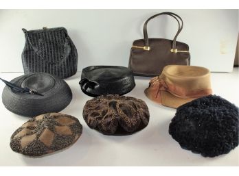 6 Vintage Hats, 5 Are Frank M Benson Originals, Two Handbags