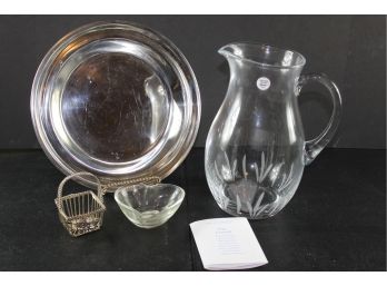 Princess House Crystal Pitcher, Stainless Steel Platter Etc