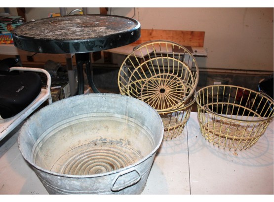 3 Steel Baskets, Galvanized Tub, Small Steel Table