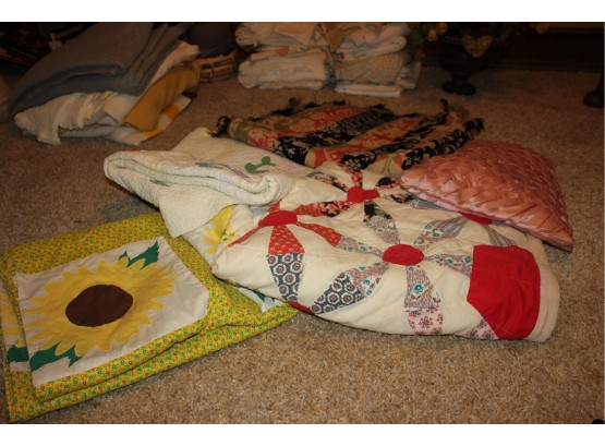 3 Old Quilts, Satin Pillow And Old Throw