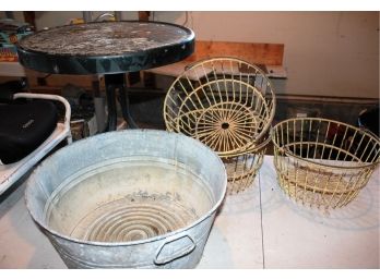 3 Steel Baskets, Galvanized Tub, Small Steel Table