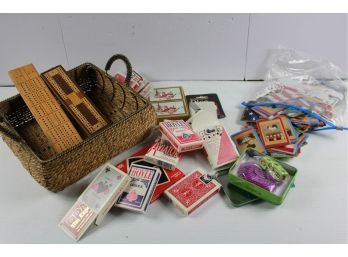 Cribbage Boards, Deck Of Cards And Dice With Basket