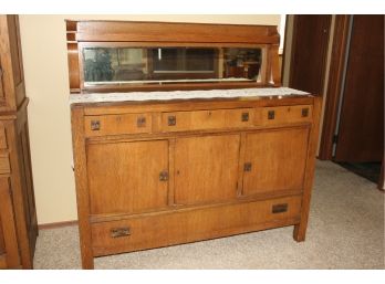 Solid Oak Buffet With Mirror , 38 Inch To Top Of  Buffet, 53' To Top Of Mirror, 54 In Wide, Has Key