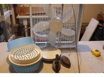 2 Pie Carriers, Three Plates, Box Fan, Antique Irons