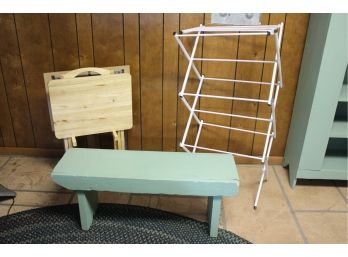 Metal Drying Rack, Wooden Bench 36 In Long, Wooden TV Tray, Two Trays That Don't Match