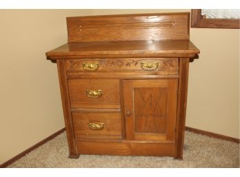 Old Small Buffet Three Drawers, One Door, Solid Oak 32.5 Wide, 29 High