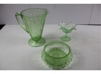 Green Depression Small Pitcher, Dish And Fluted Sherbet Dish