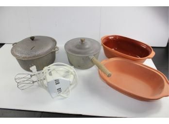 2 Terracotta Dishes, 2 Cast Aluminum Pans With Lids, Kitchenaid Hand Held Mixer