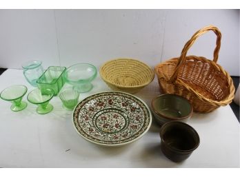 6 Piece Green Depression Glass, Two Baskets, 2 Pottery Bowls, Large Serving Bowl