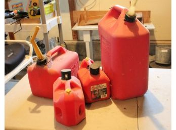 4 Various Size Plastic Gas Cans, 6 Gallon, 2.5 Gallon, 2 1 Gallon