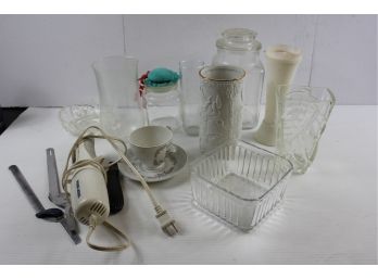 Miscellaneous Glassware, Electric Knife, One Old Refrigerator Dish And Vases