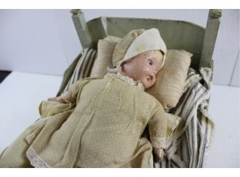 Antique Doll In Wooden Bed, Open  Close Eyes, Soft Body, Extra Clothes, Blankets, Two Pillows