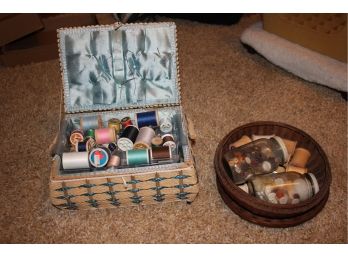 Miscellaneous Buttons, Wooden Spools, Sewing Kit