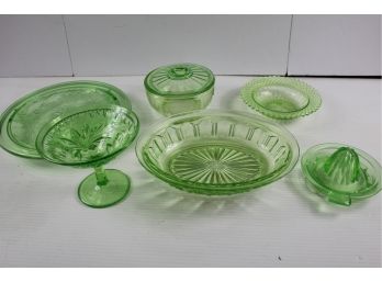 Green Depression Cake Plate, Juicer, Bowl With Lid, 2 Candy Dishes, Serving Bowl