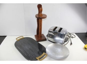 Paper Towel Holder, Old Toaster, Stone Cutting Board, Aluminum Tray