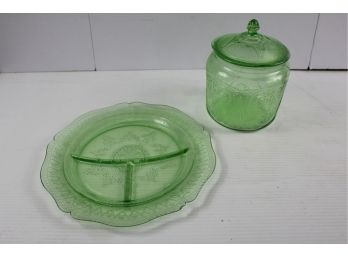 Divided Plate And Cookie Jar - Green Depression