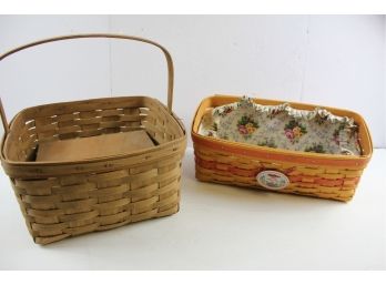 2 Longaberger Baskets - 1 Plastic Lined, One With Wooden Tray