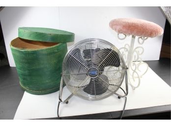 White Wrought-iron Stool With Cover 18', Airtech Fan 15 Inch Diameter, Old Green Box 16 In Diameter