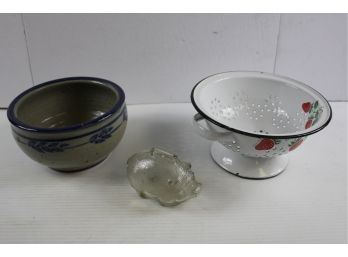 Pottery Bowl With Crack, Glass Piggy Bank