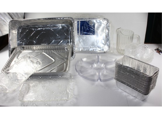 Plastic Serving Ware, Two Trays, Six Bowls, Pitcher, 2 Divided Trays