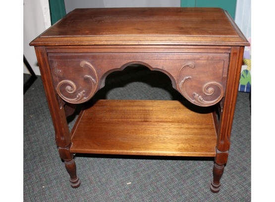 Antique Side Table With Bottom Shelf, 25 X 15 25.5 Tall, Beautiful Scrollwork, Some Small Damage On Top