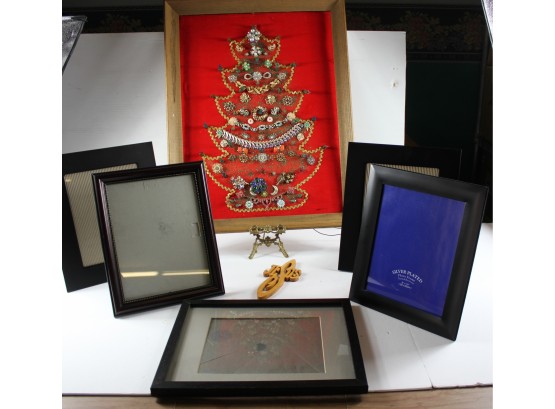Jewelry Tree With Vintage Jewelry, Chains Are Left On Back Of Some, Jesus Cross, 5 Frames