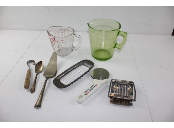 Vintage Green Glass 4-cup Measuring Cup, Butter Slicer, Egg Slicer, Pizza Cutter, Pie Server