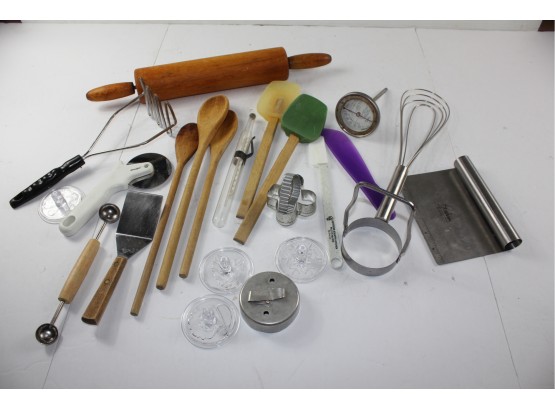 Misc Baking Utensils - Rolling Pin, Pizza Cutter, Spatulas, Potato Masher, Thermometer, Cookie Press Designs