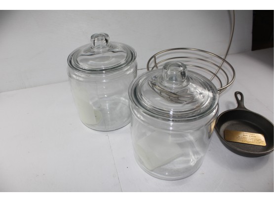 Two Large 9in Tall Glass Lidded Canisters, Fruit Basket, Small Skillet