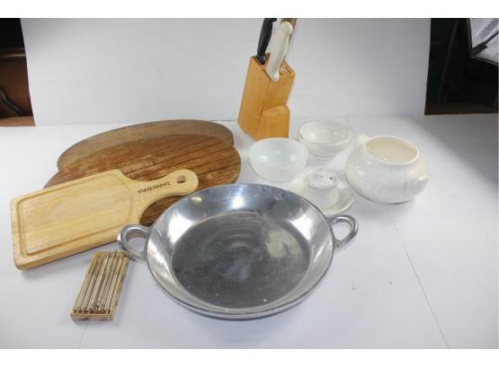 Misc Lot - 2 Large Trivets, 1 Cutting Board, Misc Glass And Nut Picks, Knife Holder,