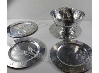 Aluminum Punch Bowl And 4 Trays, Plastic Serving Utensils